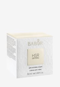 Boîte carrée blanche avec un motif en relief, des accents dorés et un texte noir. Contient une crème anti-rides, 50 ml, étiquetée "HSR LIFTING."
