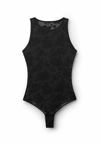 Zwarte mouwloze bodysuit met een bloemmotief, een zachte textuur, een ronde hals en drukknoopsluiting aan de onderkant.