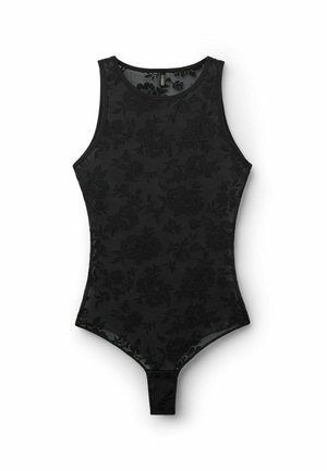 Zwarte mouwloze bodysuit met een bloemmotief, een zachte textuur, een ronde hals en drukknoopsluiting aan de onderkant.