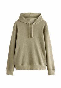 Khaki-grüne Kapuzensweatshirt mit strukturiertem Stoff, Kordelzug sowie ribbedem Saum und Bündchen. Entspannte Passform, einfaches Design.