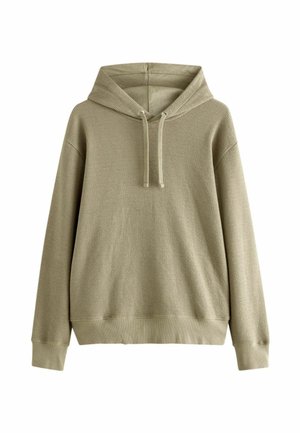 Khaki-grüne Kapuzensweatshirt mit strukturiertem Stoff, Kordelzug sowie ribbedem Saum und Bündchen. Entspannte Passform, einfaches Design.