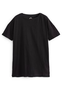 Sort T-shirt lavet af bomuld, med rund halsudskæring og korte ærmer. Glat tekstur med en afslappet pasform og lige kant.