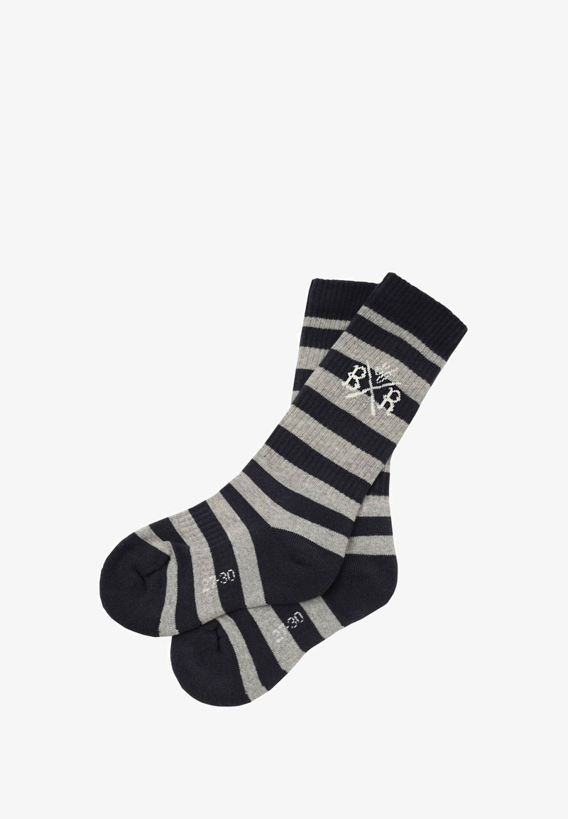 Stripede sokker i marineblå og grå, med ribbet manchet og logodetalje. Blødt materiale med forstærket tå og hæl for holdbarhed.