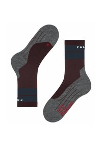 Burgunderfarbene und graue Socken mit Muster, die über eine Fußgewölbeunterstützung, verstärkte Zehen- und Fersenpartien verfügen und rotes Text und Streifen in einem Crew-Design aufweisen.