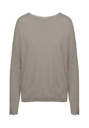 Beige gebreide trui met een losse pasvorm, brede halslijn, lange mouwen en geribbelde zoom. Heeft zijsplitten aan de onderkant voor extra detail.