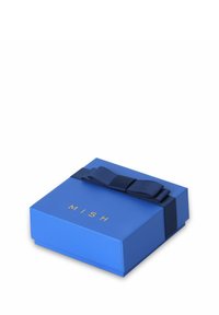 Blue gift box with a smooth surface, featuring a navy ribbon and gold lettering spelling "MISH." Square shape with clean edges.