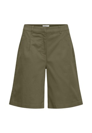 Olijfgroene korte broek tot aan de knie met hoge taille, riemlussen, voorplooien en een verborgen voorvaksluiting op een witte achtergrond.