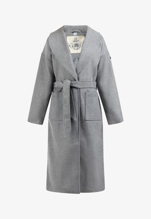 Harmaa villainen viitta, jossa on huivikaulus, vyötäröllä vyö ja kaksi etutaskua. Sisällä on logo ja vinot hihasaumat.