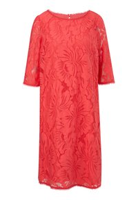 Rotes Spitzenkleid mit Dreiviertelärmeln, Blumenmuster, rundem Ausschnitt und Pomponverzierung am Saum. Leichtgewichtiges und halbtransparentes Material.