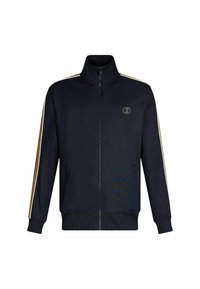 Námornícky modrá mikina na zips s vysokým golierom, hrebenovými manžetami a spodkom, zlatými a bielymi prúžkami pozdĺž rukávov a logom na hrudi.