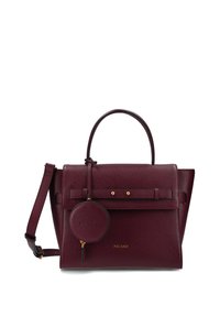 Sac à main en cuir bordeaux avec une forme structurée, une anse supérieure, une bandoulière amovible et une pochette accessoire ronde. Doté d'accents en matériel doré.