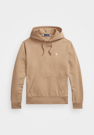 Sweat à capuche beige à manches longues avec poche avant, capuche à cordon et petit logo blanc Polo Ralph Lauren sur la poitrine.