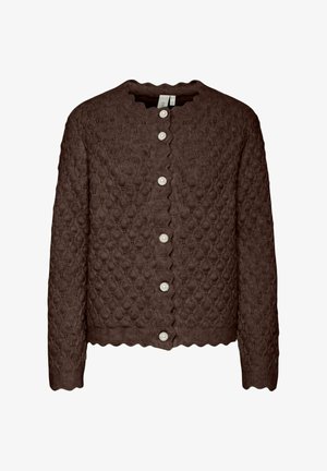 Cardigan lavorato a maglia marrone scuro con bordi scallop e bottoni perlati lungo la parte frontale, caratterizzato da un motivo a motivo di diamante testurizzato.