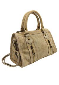 Sac à main en daim beige avec deux poignées supérieures, deux zips avant et des accents en laiton ; forme rectangulaire avec texture subtile.