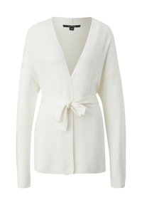 Cardigan blanc à manches longues avec col en V et ceinture à nouer à l'avant, avec un tricot texturé et une coupe décontractée.
