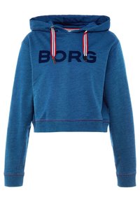 Hoodie corto blu realizzato in morbido tessuto, con un grande logo "BORG", coulisse con accenti rossi e bianchi e polsini a coste.