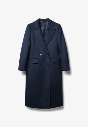 Cappotto in misto lana blu navy con design doppiopetto, rever a punta, due tasche frontali e bottoni neri. Silhouette piatta e strutturata.