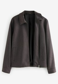 Dark grey, textured jacket with a collared neckline, front zip closure, and side pockets. Simple design with a smooth inner lining.