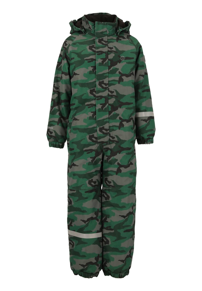 Groen en grijze camouflage sneeuwoverall met een capuchon, lange mouwen, elastische manchetten en een reflecterende strip op de benen voor zichtbaarheid.