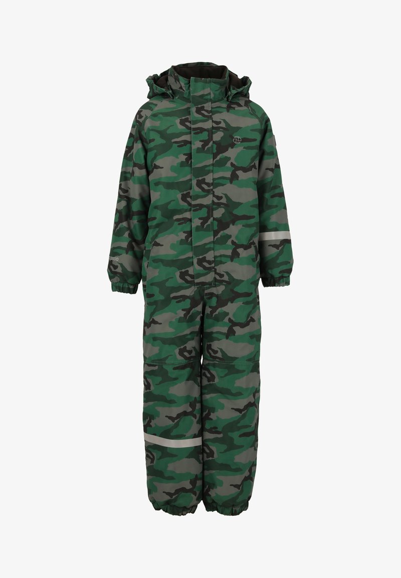 Groen en grijze camouflage sneeuwoverall met een capuchon, lange mouwen, elastische manchetten en een reflecterende strip op de benen voor zichtbaarheid.