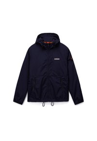 Ναυτικό μπλε αδιάβροχο μπουφάν με κουκούλα, ρυθμιζόμενα κορδόνια και δύο τσέπες με φερμουάρ. Διαθέτει αντίθετ ες πορτοκαλί λεπτομέρειες και λογότυπο στο στήθος.