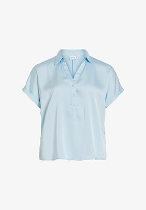 Light blue short-sleeve blouse made of smooth, soft fabric. Features a collar and a three-button placket with rolled cuffs. Casual design.