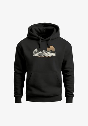 Black hoodie with a kangaroo pocket. Features a mountain graphic and a sun design in beige. Made from soft fabric with a drawstring hood.