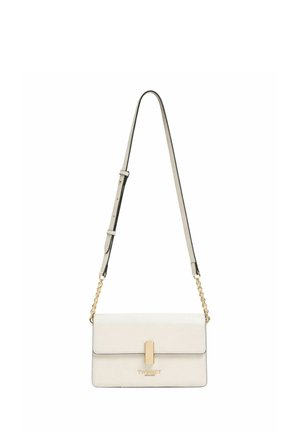Borsa a tracolla rettangolare bianca con chiusura dorata, dettagli in catena corta dorata, tracolla regolabile e logo "TWINSET" sul davanti.