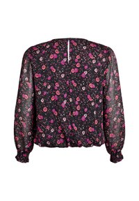 Schwarze, durchsichtige Bluse mit langen Ärmeln und einem floralen Muster in Rosa, Lila und Weiß, mit gerafften Manschetten und einem Rückenverschluss mit einem Schlüsselloch.