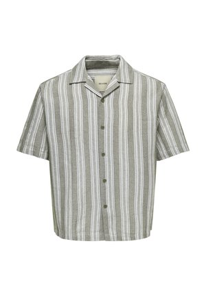 Kortærmet skjorte med knapper, med lodrette grønne og hvide striber og en camp-krave.