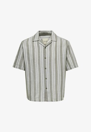 Rövid ujjú, gombos ing függőleges zöld és fehér csíkokkal és egyenes gallérral.