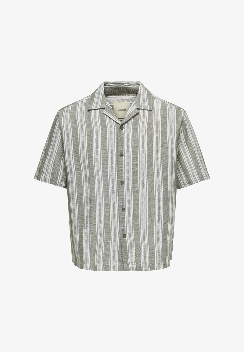 Chemise à manches courtes à boutons avec rayures verticales vertes et blanches et col de type camp.
