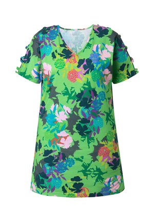 Zielona sukienka z krótkim rękawem o wielokolorowym kwiatowym wzorze i dekoltem w serek, z drobnymi kokardkami na rękawach.