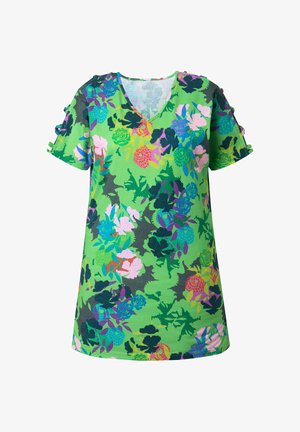 Zielona sukienka z krótkim rękawem o wielokolorowym kwiatowym wzorze i dekoltem w serek, z drobnymi kokardkami na rękawach.