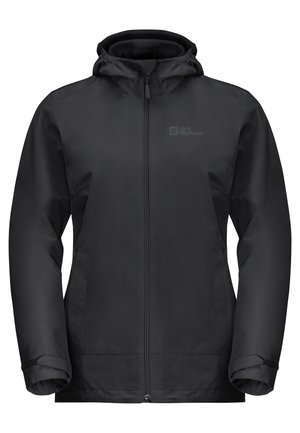 Giacca nera impermeabile con zip completa, cappuccio regolabile e polsini elasticizzati. Caratterizzata da una texture liscia e logo sul petto.