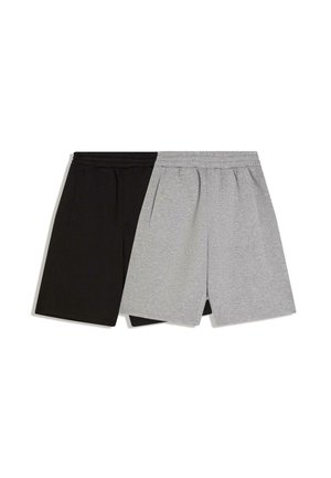 Pantaloncini casual neri e grigi con vita elasticizzata, stesi su una superficie piana, con tasche laterali e orlo dritto su sfondo bianco.
