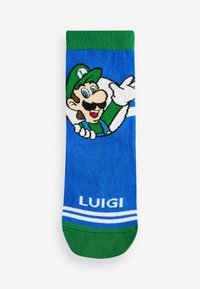 Blaue Socke mit einem Grafik von Luigi, einem Charakter mit einem grünen Hut, weißen Handschuhen und einem blauen Hintergrund; "LUIGI" in Weiß geschrieben.