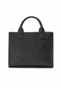 Zwarte leren tote bag met gegraveerde tekst "Dromen van het paradijs in Saint Barth", met stevige handvatten en een gestructureerd ontwerp.