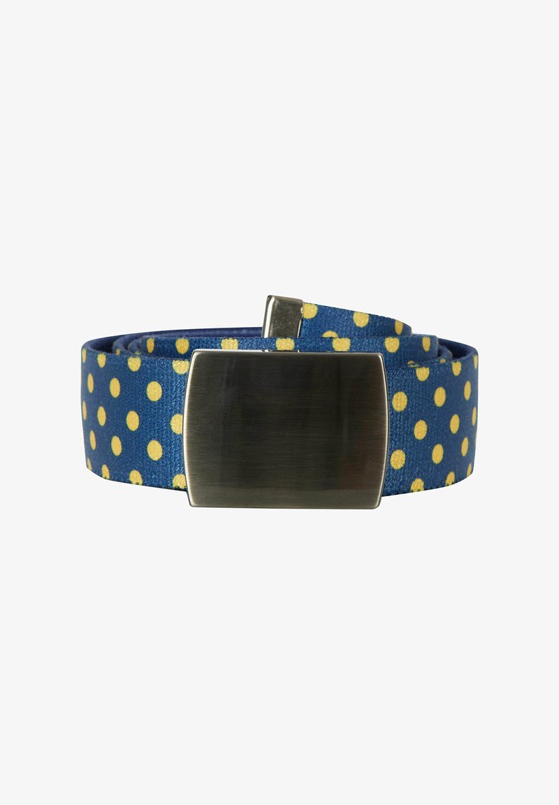 Cintura a pois blu realizzata in materiale testurizzato, con una fibbia metallica rettangolare e un anello per la regolazione.
