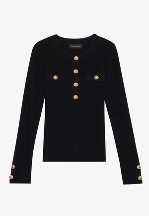 Haut en tricot côtelé noir à manches longues, encolure ronde, boutons dorés en accent et deux poches poitrine. Présente des détails de boutons aux poignets.