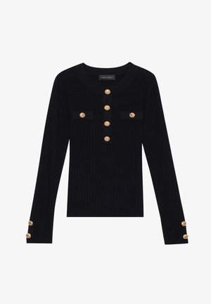 Črni rebrasti pleteni top z dolgimi rokavi, okroglim izrezom, zlatimi poudarnimi gumbi in dvema žepoma na prsih. Vključuje gumbne detajle na manšetah rokavov.
