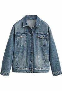 Vaaleansininen farkkutakki, jossa on nappilukko, kaulus ja kaksi rintataskua läpillä. Klassinen muotoilu, rento istuvuus ja hieman haalistunut pinta.