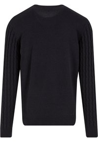 Maglione nero con un motivo a trecce testurizzato sulle maniche, scollo rotondo e orlo a coste. Tessuto morbido con una finitura liscia.