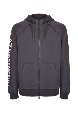 Felpa con zip grigia scura, realizzata in tessuto morbido, dotata di cappuccio foderato, due tasche frontali e stampa del logo bianco sulla manica sinistra.