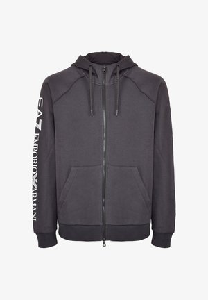 Felpa con zip grigia scura, realizzata in tessuto morbido, dotata di cappuccio foderato, due tasche frontali e stampa del logo bianco sulla manica sinistra.