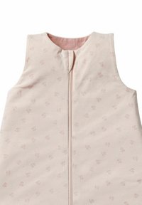 Helles rosa, ärmelloses Schlafsack mit subtilem Blumenmuster, Reißverschluss vorne und weicher Textur, entworfen für Komfort und Wärme.