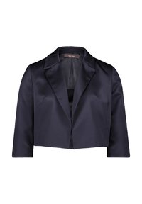 Granatowa satynowa krótkia marynarka z klapami i pojedynczym zapięciem z przodu. Gładka tekstura, strukturalne ramiona i rękawy o długości trzech czwartych.