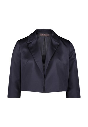 Marineblauwe satijnen cropped blazer met notch-revers en één sluiting aan de voorkant. Glad textuur, gestructureerde schouders en driekwart mouwen.