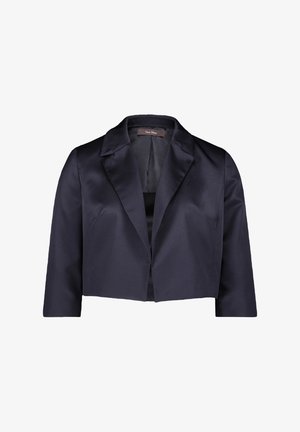 Marineblauwe satijnen cropped blazer met notch-revers en één sluiting aan de voorkant. Glad textuur, gestructureerde schouders en driekwart mouwen.