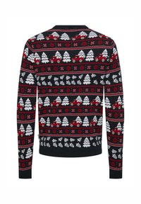 Maglione lavorato a maglia con base nera e motivi geometrici rossi, bianchi e verdi, tra cui alberi e camion vintage. Collo a giro.